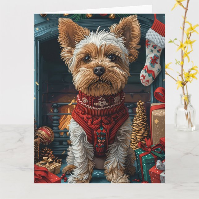 Cartão Cão Biewer Terrier com Presentes de Natal Lareira (Flor Amarela)