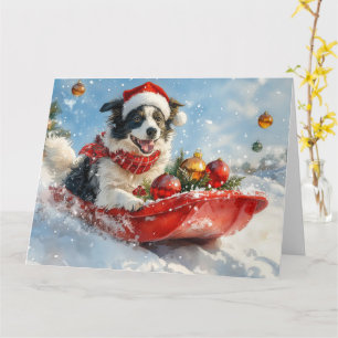 Cartão Cão Border Collie em Trenó Deixe Nevar Natal 