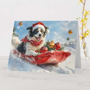 Cartão Cão Border Collie em Trenó Deixe Nevar Natal