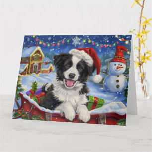Cartão Cão Border Collie em Trineo na Neve Natal
