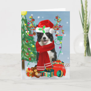 Cartão Cão Border Collie na neve com presentes de Natal