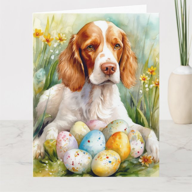Cartão Cão Brittany Spaniel com Ovos de Páscoa Feriado (Frente)