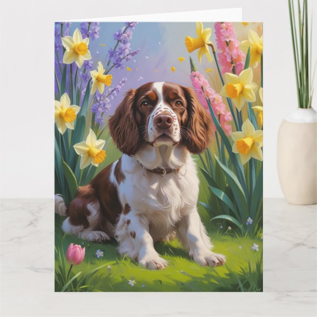 Cartão Cão Brittany Spaniel Pintura de Flores de Primaver (Frente)