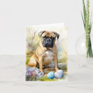 Cartão Cão Bull Mastiff com Ovos de Páscoa Feriado 