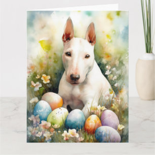 Cartão Cão Bull Terrier com Ovos de Páscoa Feriado
