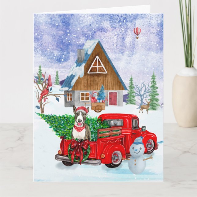 Cartão Cão Bull Terrier em Caminhão de Entrega de Natal n (Frente)