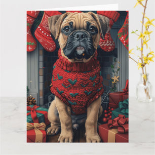Cartão Cão Bullmastiff com Presentes de Natal Lareira
