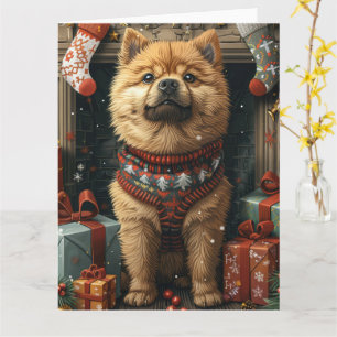 Cartão Cão Chow Chow Com Presentes de Natal Lareira