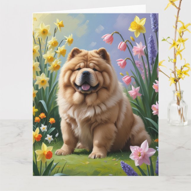 Cartão Cão Chow Chow Pintura de Flores da Primavera  (Flor Amarela)