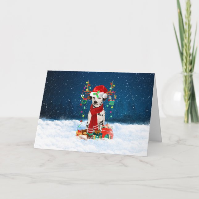 Cartão Cão Dálmata na Neve com Presentes de Natal (Frente)
