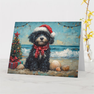 Cartão Cão de Água Português Natal Praia Vintage