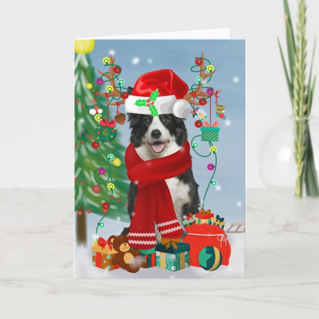 Cartão Cão de Collie na neve com presentes de Natal (Frente)
