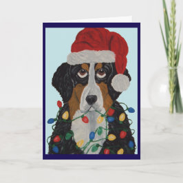 Cartão Cão de Montanha Bernês Enroscado Em Luzes De Natal