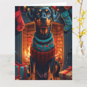 Cartão Cão Doberman Com Presentes de Natal Lareira