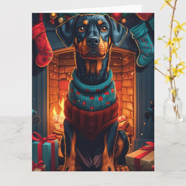 Cartão Cão Doberman Com Presentes de Natal Lareira (Flor Amarela)