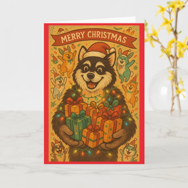 Cartão Cão Feliz Natal (Flor Amarela)