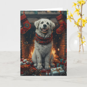 Cartão Cão Great Pyrenees com Presentes de Natal Lareira