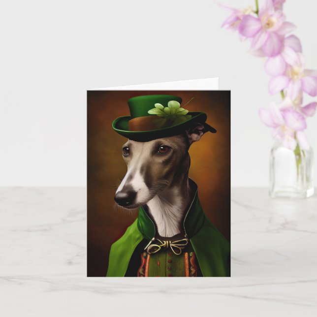 Cartão Cão Greyhound vestido para o Dia de São Patrício (Orquídea)