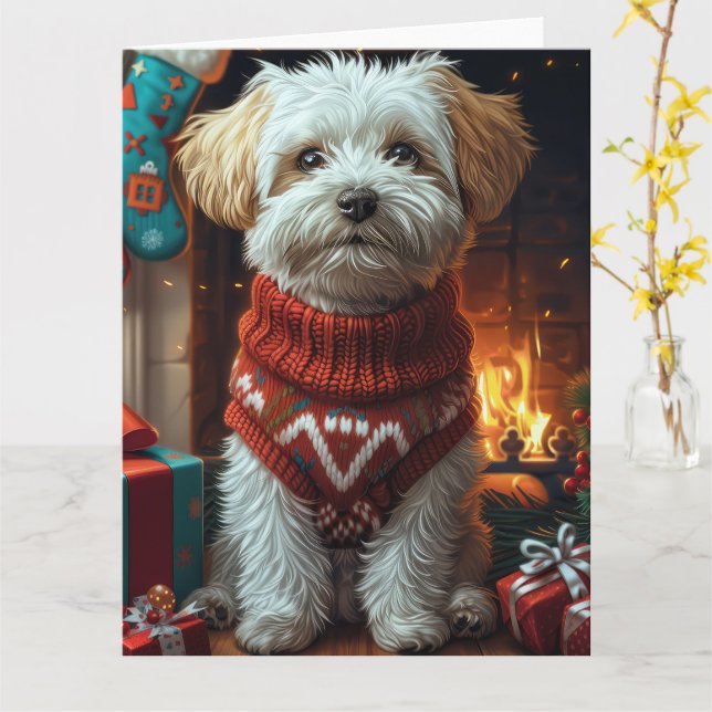 Cartão Cão Havanês Com Presentes de Natal  (Flor Amarela)