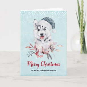 Cartão Cão Husky de Natal com um Chapéu de Papai Noel