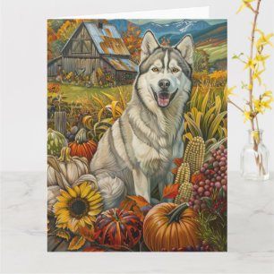 Cartão Cão Husky Siberiano Colheita de Outono Dia de Ação