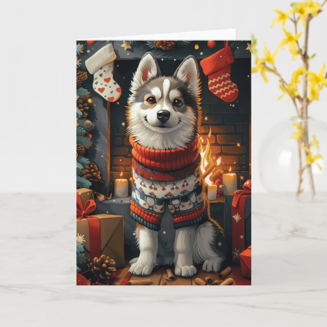 Cartão Cão Husky Siberiano Com Presentes de Natal Lareira (Flor Amarela)
