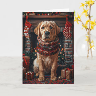 Cartão Cão Labrador com Presentes de Natal na Lareira
