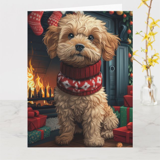 Cartão Cão Lhasa Apso Com Presentes De Natal Lareira (Flor Amarela)