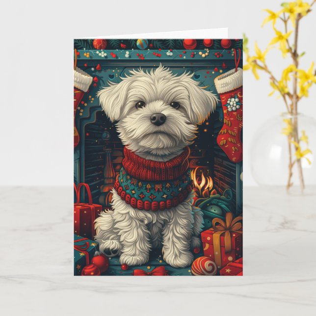 Cartão Cão Maltês com Presentes de Natal Lareira (Flor Amarela)