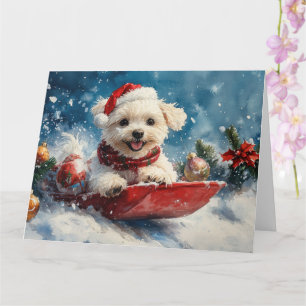 Cartão Cão Maltês no Trenó Deixe Nevar Natal