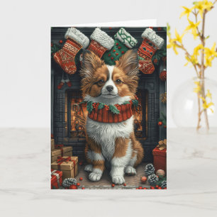 Cartão Cão Papillon com Presentes de Natal Lareira