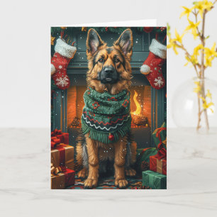 Cartão Cão Pastor Alemão Com Presentes De Natal Lareira