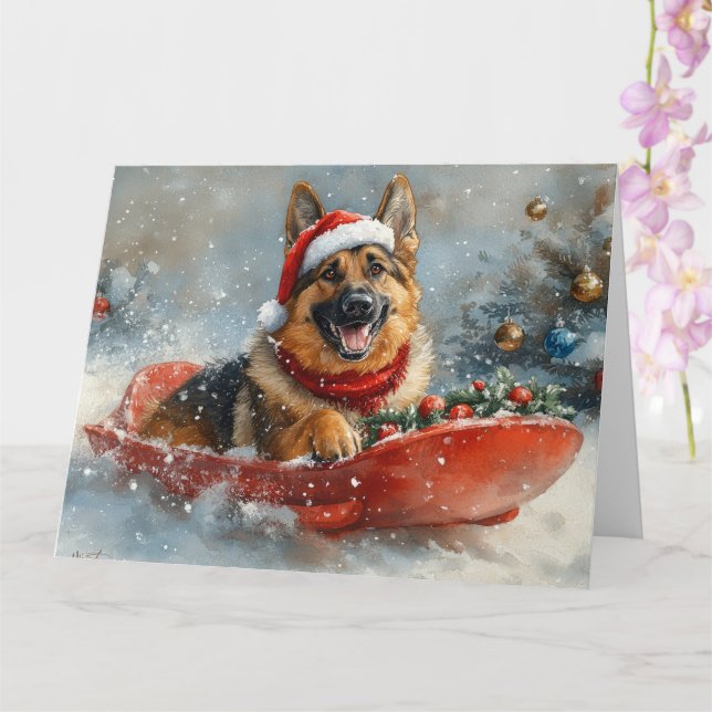 Cartão Cão Pastor Alemão no Trenó de Neve Natal (Orquídea)