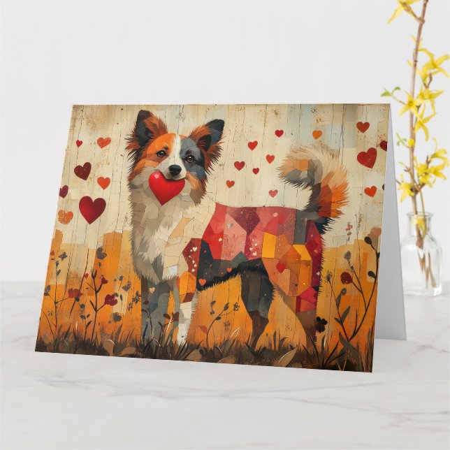 Cartão Cão Pastor Australiano Folk-Art com Coração (Flor Amarela)