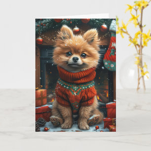 Cartão Cão Pomerânia com Presentes de Natal Lareira