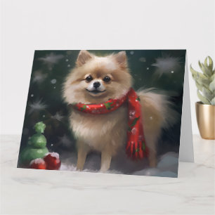 Cartão Cão Pomerano no Natal da Neve