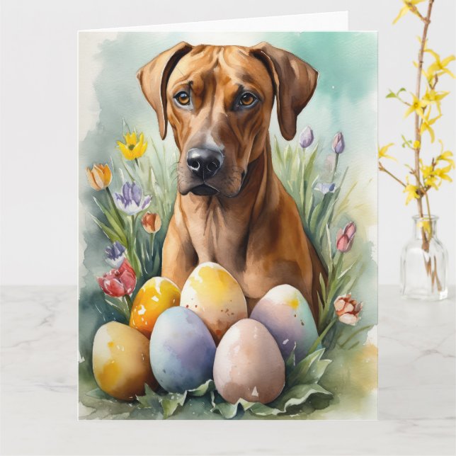 Cartão Cão Rhodesian Ridgeback com Feriado de Ovos de Pás (Flor Amarela)
