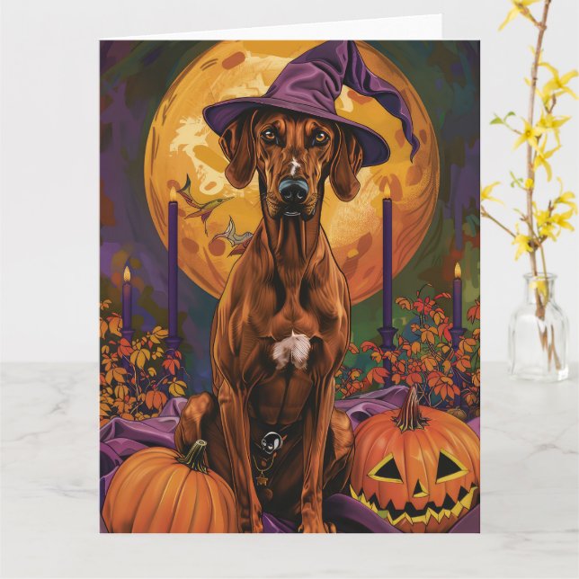 Cartão Cão Rhodesian Ridgeback Dia das Bruxas Abóbora Fei (Flor Amarela)