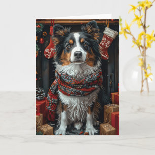 Cartão Cão Rough Collie com Presentes de Natal na Lareira