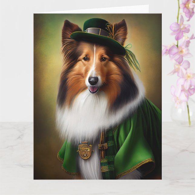 Cartão Cão Rough Collie vestido de Dia de São Patrício (Orquídea)