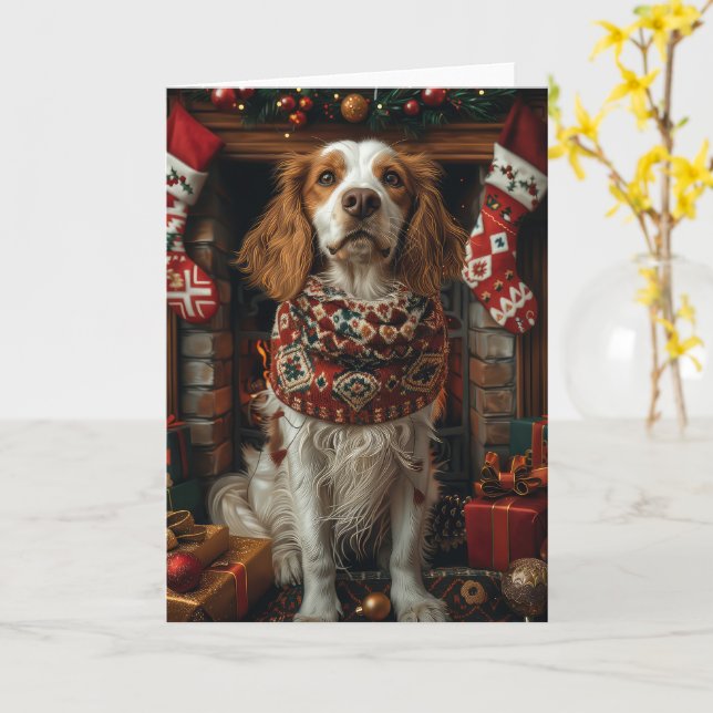 Cartão Cão Setter Inglês Com Presentes De Natal Lareira (Flor Amarela)