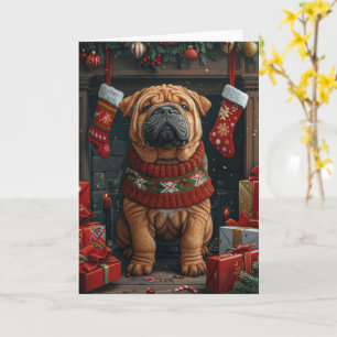 Cartão Cão Shar Pei Com Presentes de Natal Lareira