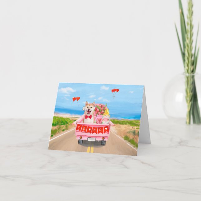 Cartão Cão Shiba Inu Caminhão do Dia dos Namorados Coraçõ (Frente)