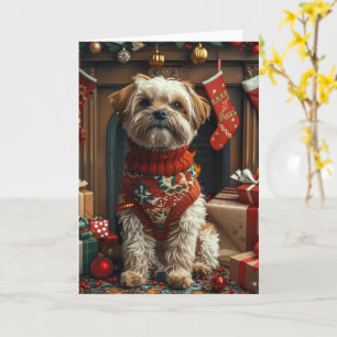 Cartão Cão Shih Tzu Com Presentes de Natal Lareira