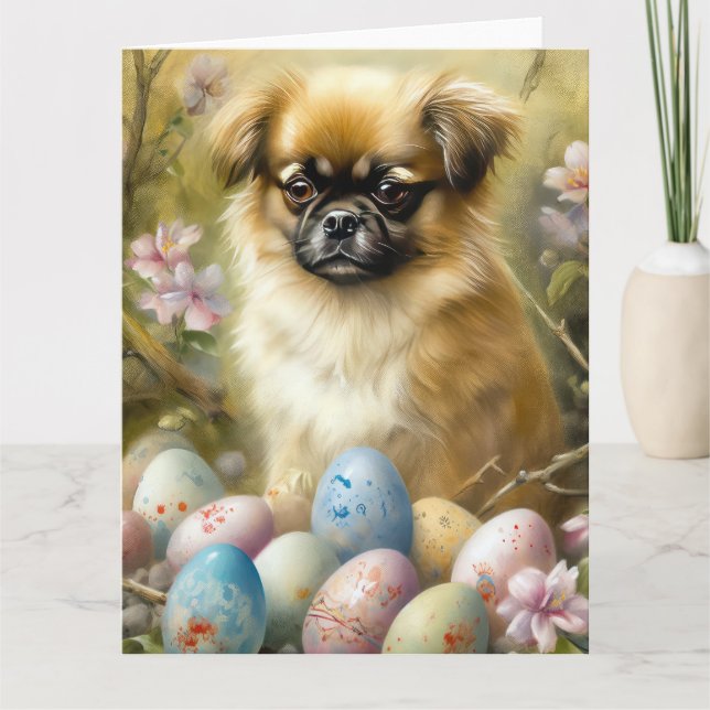 Cartão Cão Spaniel Tibetano com Ovos da Páscoa Feriado (Frente)
