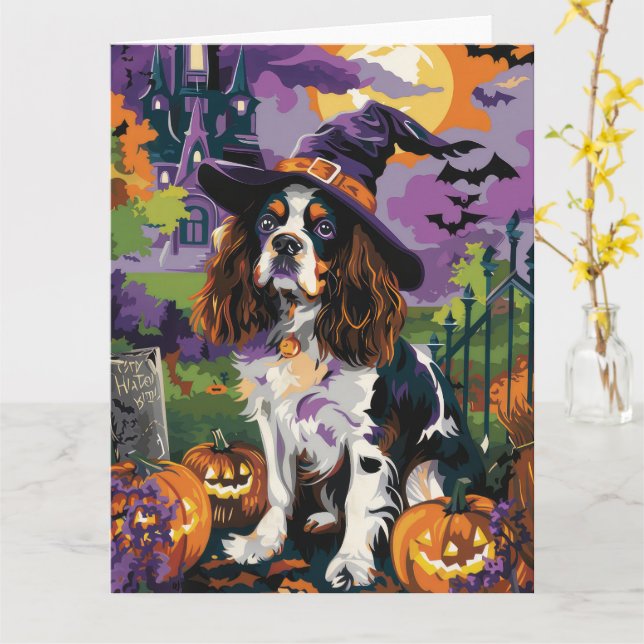 Cartão Cão Springer Spaniel Assustador Abóbora de Hallowe (Flor Amarela)