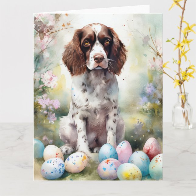 Cartão Cão Springer Spaniel com Ovos da Páscoa Feriado (Flor Amarela)