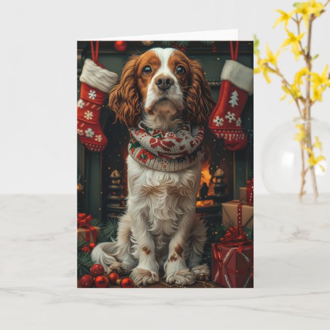 Cartão Cão Springer Spaniel com Presente de Natal na Lare (Flor Amarela)