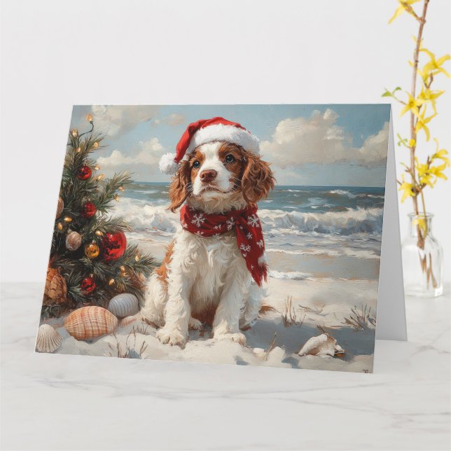 Cartão Cão Springer Spaniel Natal Vintage Praia (Flor Amarela)