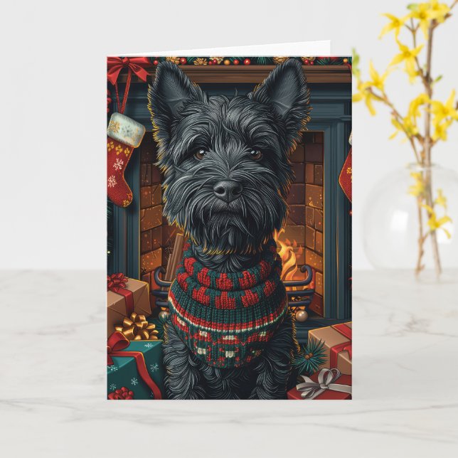 Cartão Cão Terrier Escocês Com Presentes de Natal  (Flor Amarela)
